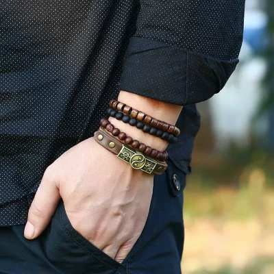 Vintage 4pcs Leather Mens wooden Bracelet Set PU Wristband Gift