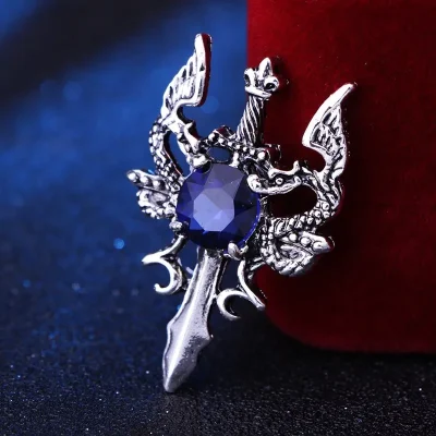 Dragon Blade Brooch Pin Men Animal Metal Rhinestone Lapel Pins Stylish Male Suit Shirt Badge Corsage Jewelry Accessories
